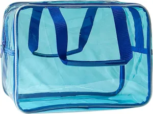 PVC Clear Pure Color Transparent Large Zipper Cosmetic Pouch Travel Makeup Cosmetic Bag with Handle for Travel Bathroom Toiletry Organizer (Blue)