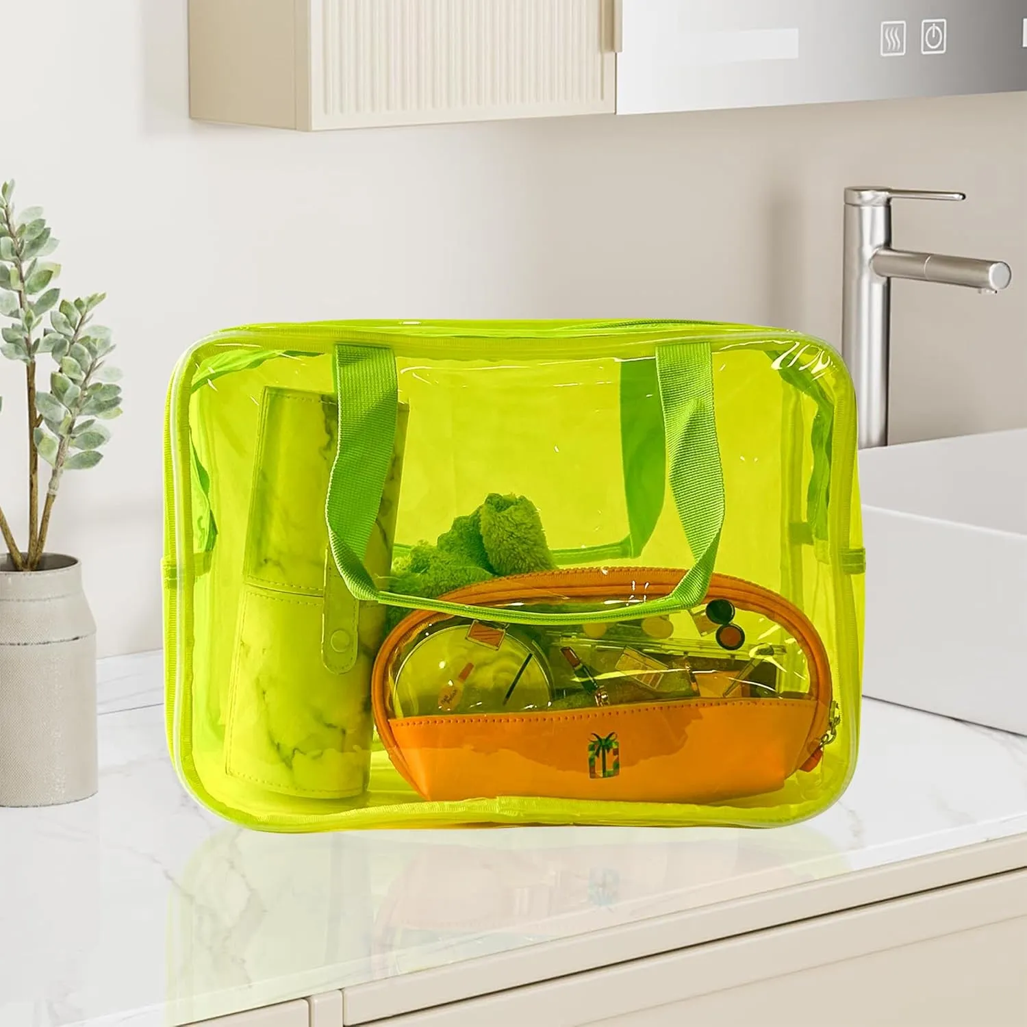 PVC Clear Pure Color Transparent Large Zipper Cosmetic Pouch Travel Makeup Cosmetic Bag with Handle for Travel Bathroom Toiletry Organizer (Blue)