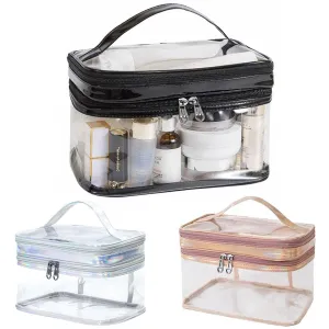 PVC Transparent Large Capacity Cosmetic Bag, Waterproof Double Layer Makeup Bag, Simple and Atmospheric Makeup Bag (Black)