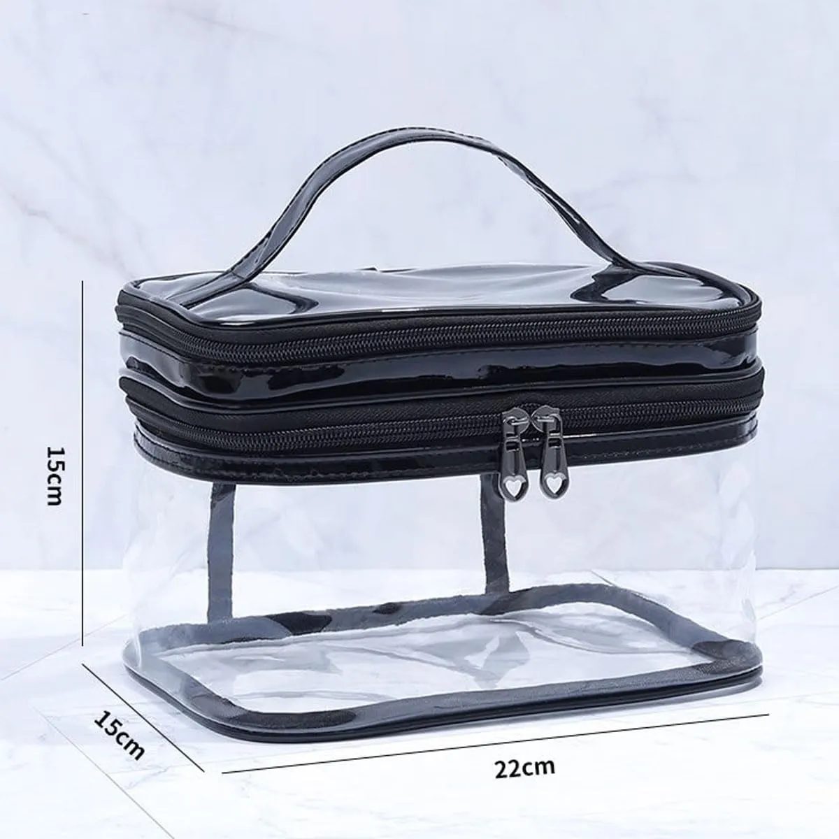 PVC Transparent Large Capacity Cosmetic Bag, Waterproof Double Layer Makeup Bag, Simple and Atmospheric Makeup Bag (Black)
