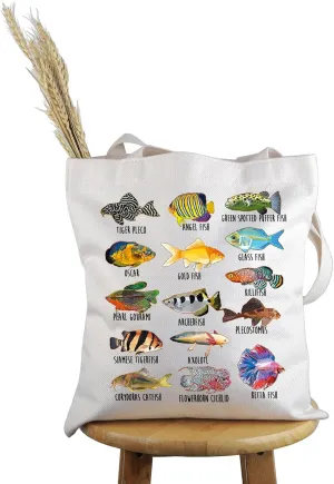 PWHAOO Fish Lover Gift Fish Species Tote Bag Fishkeeping Handbag Aquarium Fish Theme Gift Fishing Lover Gift