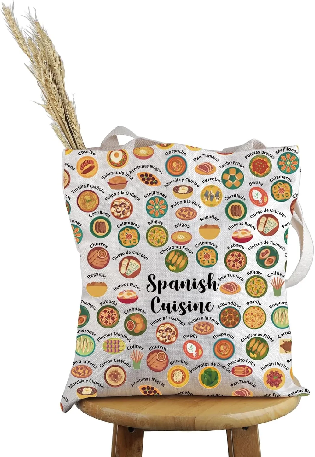 PWHAOO Spain Food Lover Gift Spanish Cuisine Tote Bag Spain Vacation Handbag Welcome to Spain Gift Spain Foodie Gift