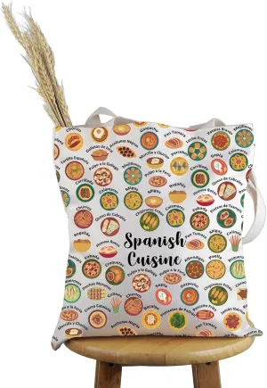 PWHAOO Spain Food Lover Gift Spanish Cuisine Tote Bag Spain Vacation Handbag Welcome to Spain Gift Spain Foodie Gift