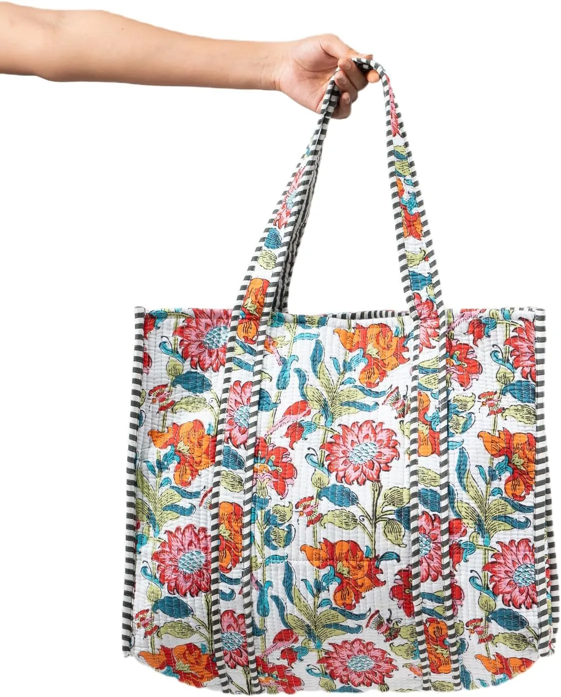 Quilted Large Cotton Fabric Tote Bag For Travel Grocery Shopping Weekend Trips with Inside and Outside Pocket
