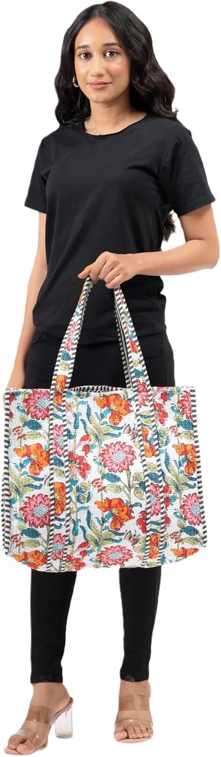 Quilted Large Cotton Fabric Tote Bag For Travel Grocery Shopping Weekend Trips with Inside and Outside Pocket