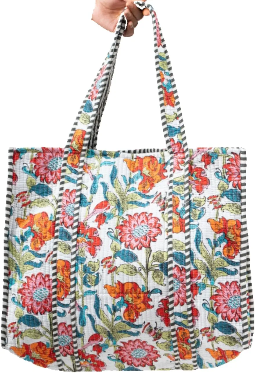 Quilted Large Cotton Fabric Tote Bag For Travel Grocery Shopping Weekend Trips with Inside and Outside Pocket