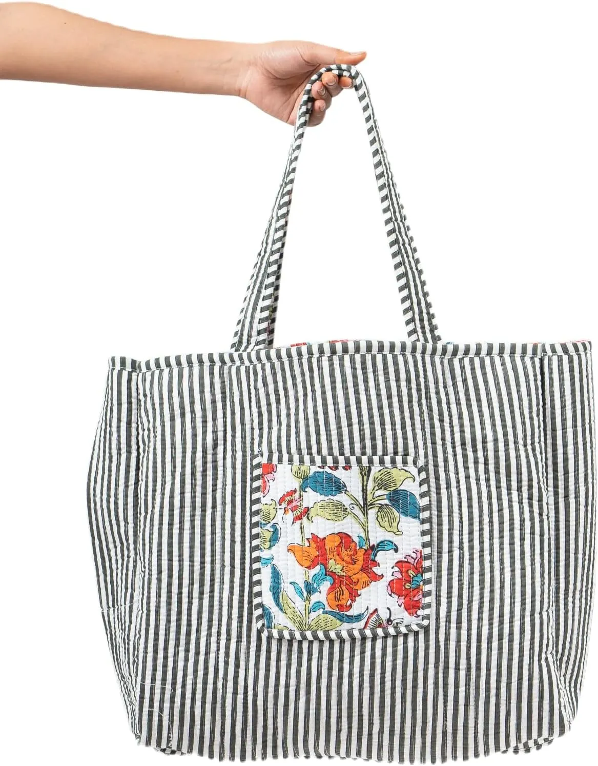 Quilted Large Cotton Fabric Tote Bag For Travel Grocery Shopping Weekend Trips with Inside and Outside Pocket