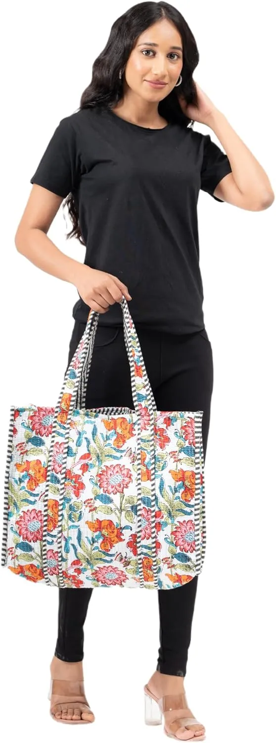 Quilted Large Cotton Fabric Tote Bag For Travel Grocery Shopping Weekend Trips with Inside and Outside Pocket