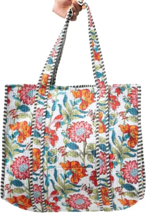 Quilted Large Cotton Fabric Tote Bag For Travel Grocery Shopping Weekend Trips with Inside and Outside Pocket