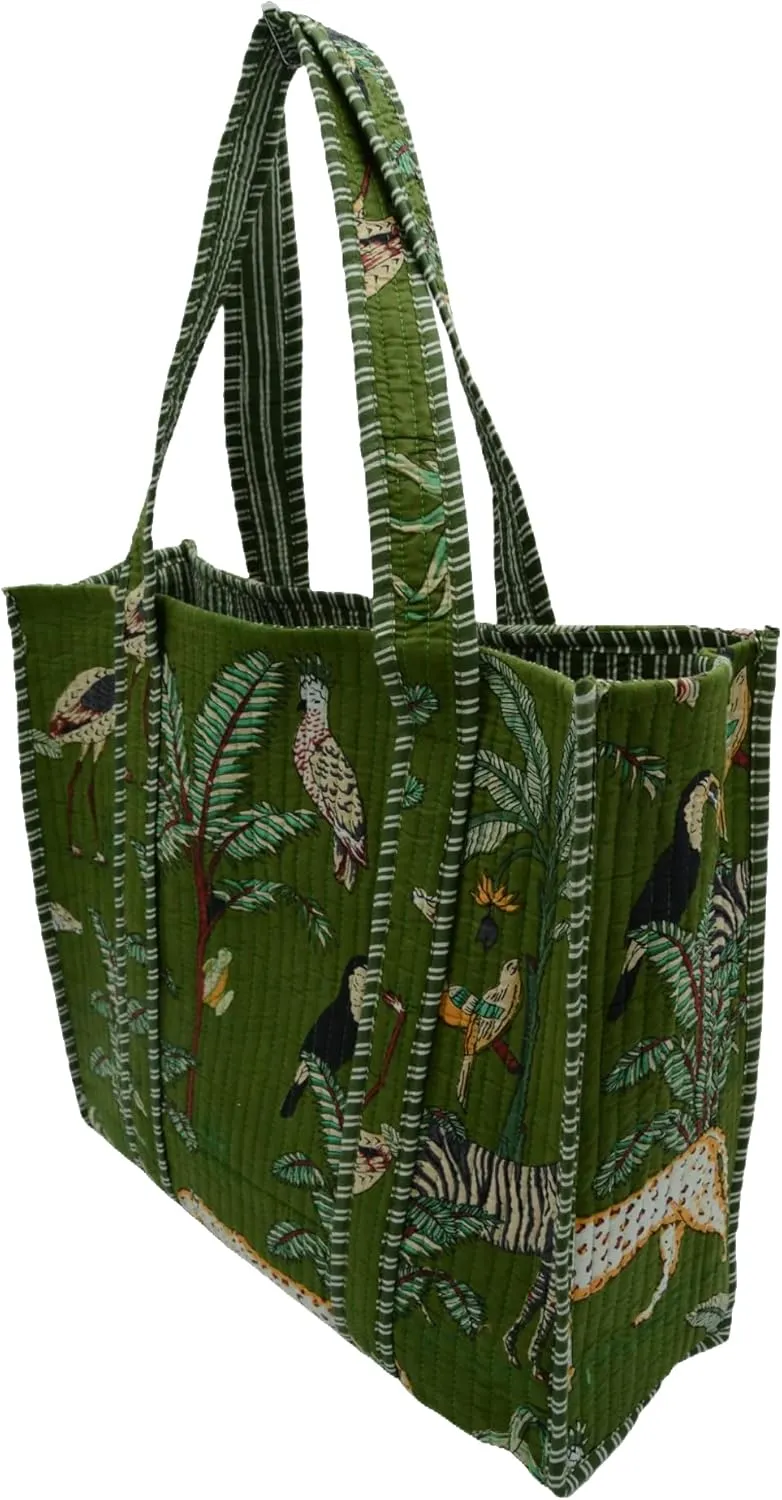 Quilted Large Cotton Fabric Tote Bag Travel Grocery Shopping Weekend Trips with Inside Pocket -Tropical Safari