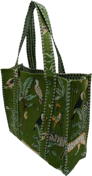 Quilted Large Cotton Fabric Tote Bag Travel Grocery Shopping Weekend Trips with Inside Pocket -Tropical Safari