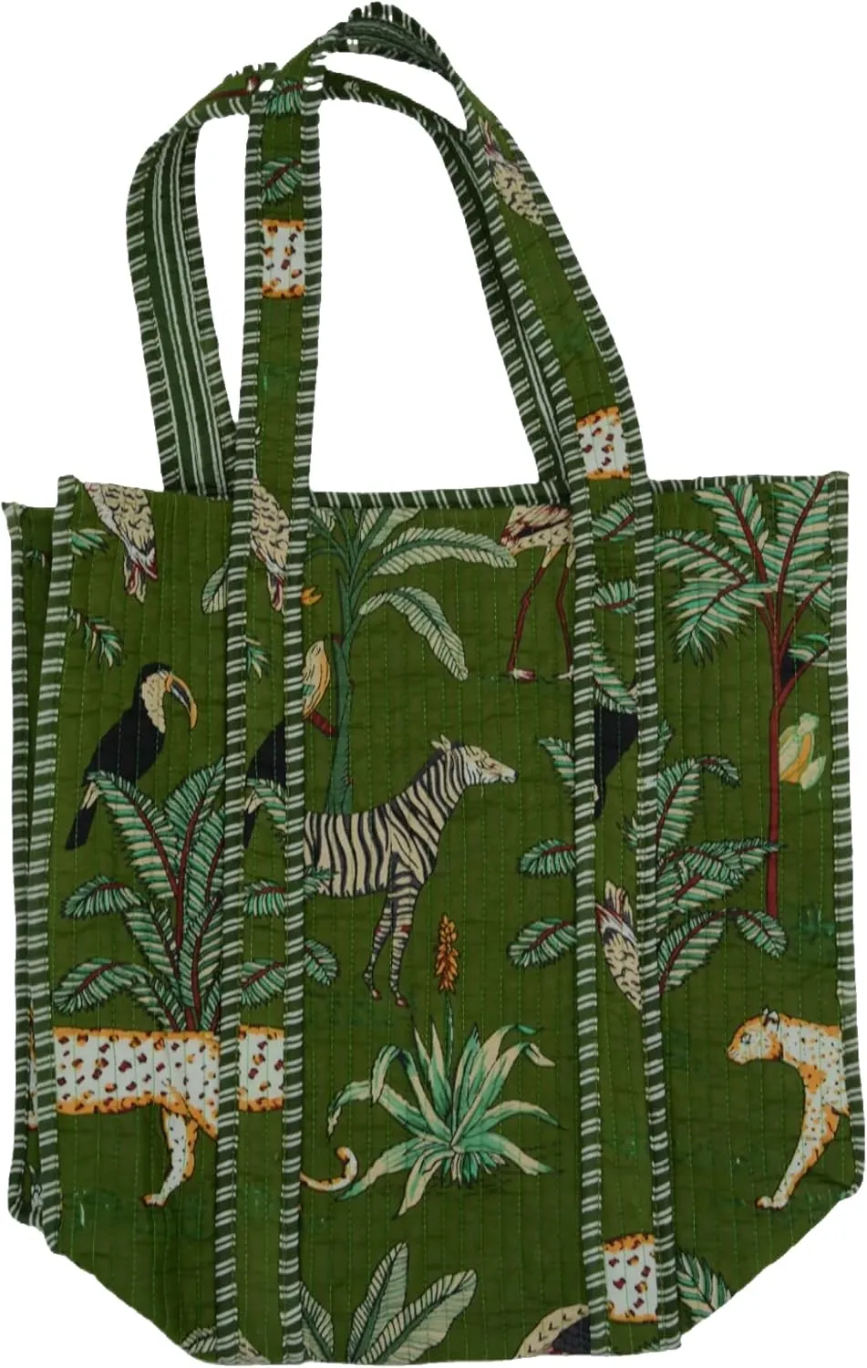 Quilted Large Cotton Fabric Tote Bag Travel Grocery Shopping Weekend Trips with Inside Pocket -Tropical Safari