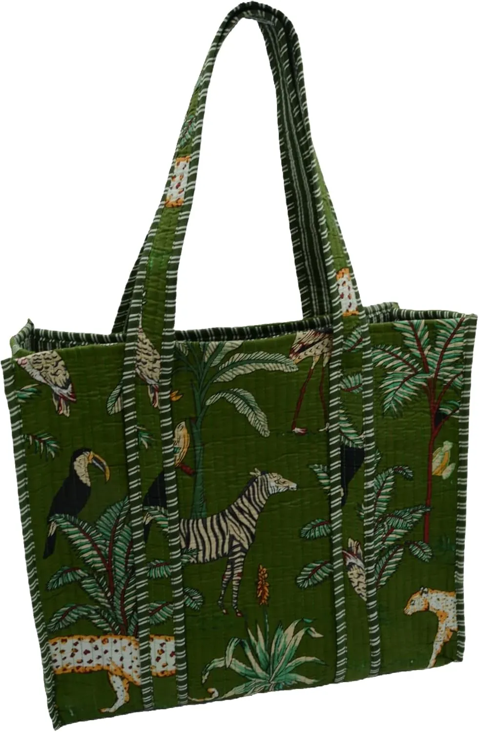 Quilted Large Cotton Fabric Tote Bag Travel Grocery Shopping Weekend Trips with Inside Pocket -Tropical Safari