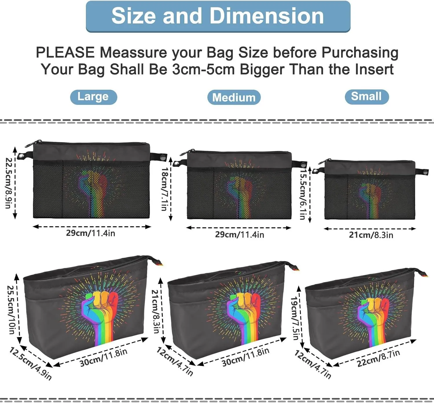 Rainbow Fist Raised on Black Women's Portable Makeup Bag with Handle, Cosmetic Bag, Adjustable Travel Cosmetic Bag, Toiletry Storage Organizer for women M