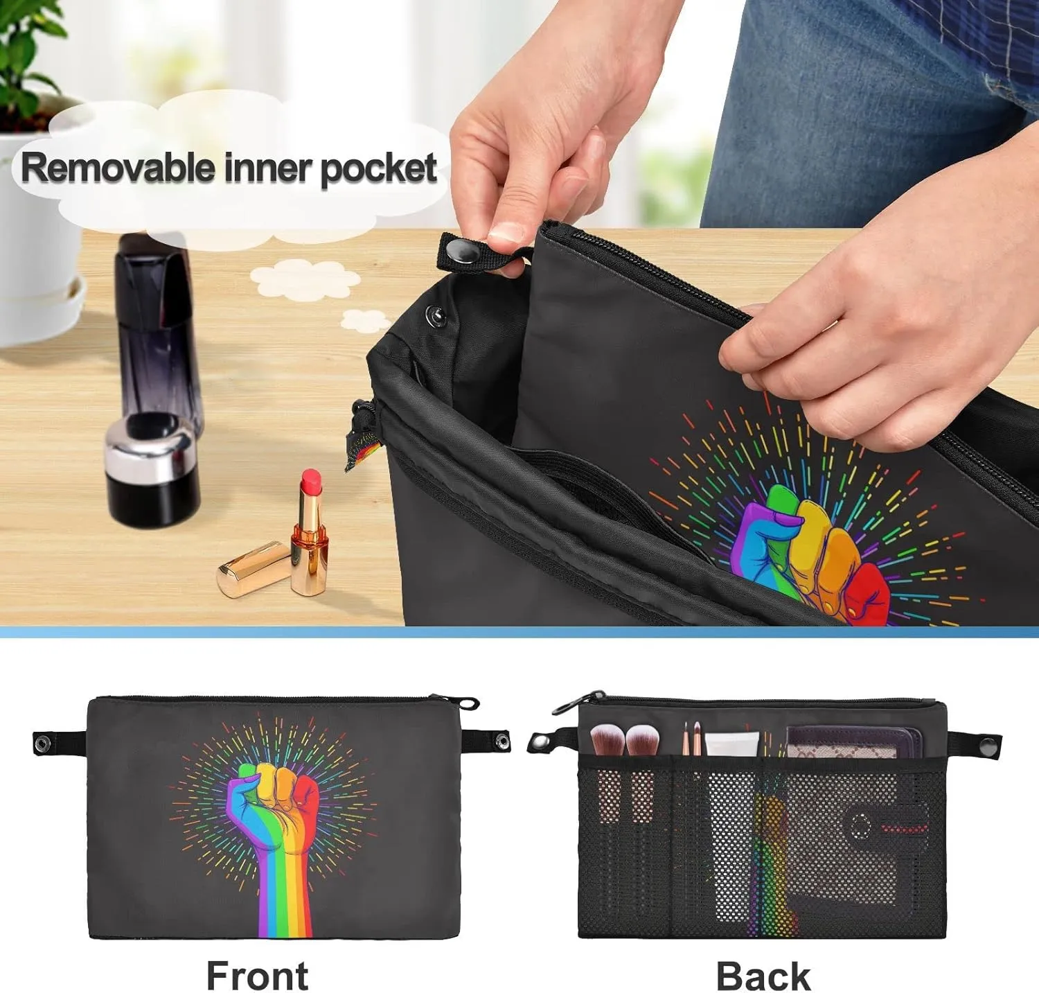 Rainbow Fist Raised on Black Women's Portable Makeup Bag with Handle, Cosmetic Bag, Adjustable Travel Cosmetic Bag, Toiletry Storage Organizer for women M