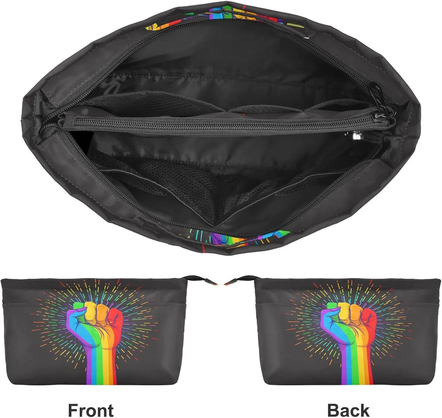 Rainbow Fist Raised on Black Women's Portable Makeup Bag with Handle, Cosmetic Bag, Adjustable Travel Cosmetic Bag, Toiletry Storage Organizer for women M