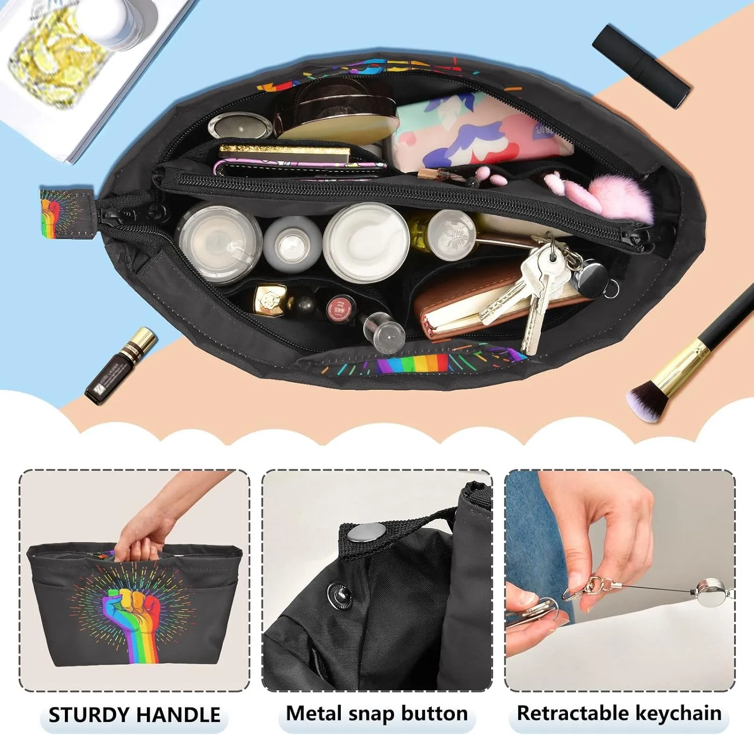 Rainbow Fist Raised on Black Women's Portable Makeup Bag with Handle, Cosmetic Bag, Adjustable Travel Cosmetic Bag, Toiletry Storage Organizer for women M