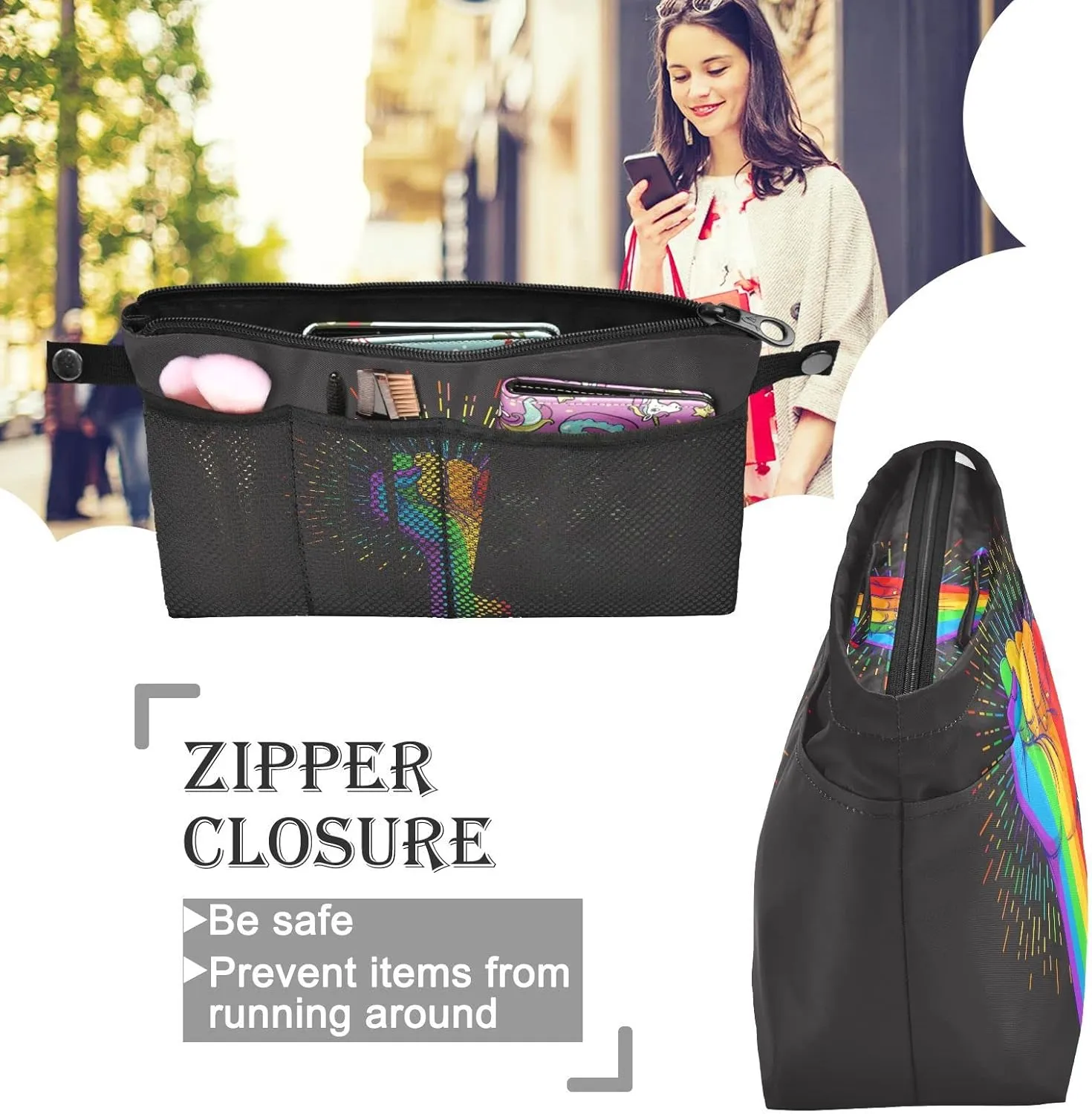 Rainbow Fist Raised on Black Women's Portable Makeup Bag with Handle, Cosmetic Bag, Adjustable Travel Cosmetic Bag, Toiletry Storage Organizer for women M