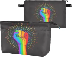 Rainbow Fist Raised on Black Women's Portable Makeup Bag with Handle, Cosmetic Bag, Adjustable Travel Cosmetic Bag, Toiletry Storage Organizer for women M