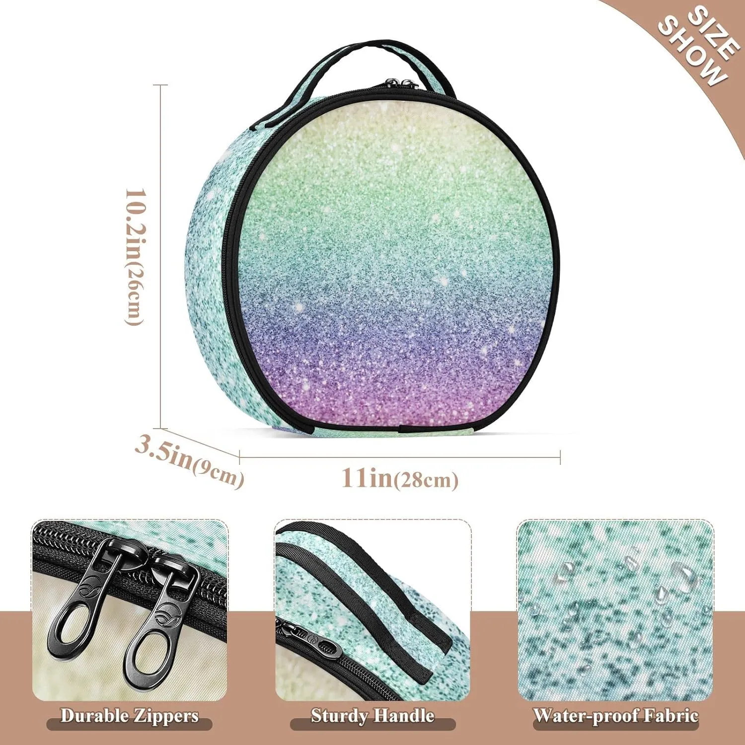 Rainbow Multi-colored Glitter and Glare Pattern Women's Portable Round Makeup Bag with Handle, Cosmetic Bag, Adjustable Dividers, Travel Cosmetic Storage 11 x 3.5 x 10 inch