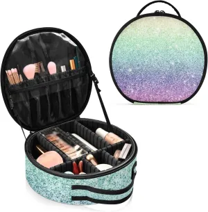 Rainbow Multi-colored Glitter and Glare Pattern Women's Portable Round Makeup Bag with Handle, Cosmetic Bag, Adjustable Dividers, Travel Cosmetic Storage 11 x 3.5 x 10 inch