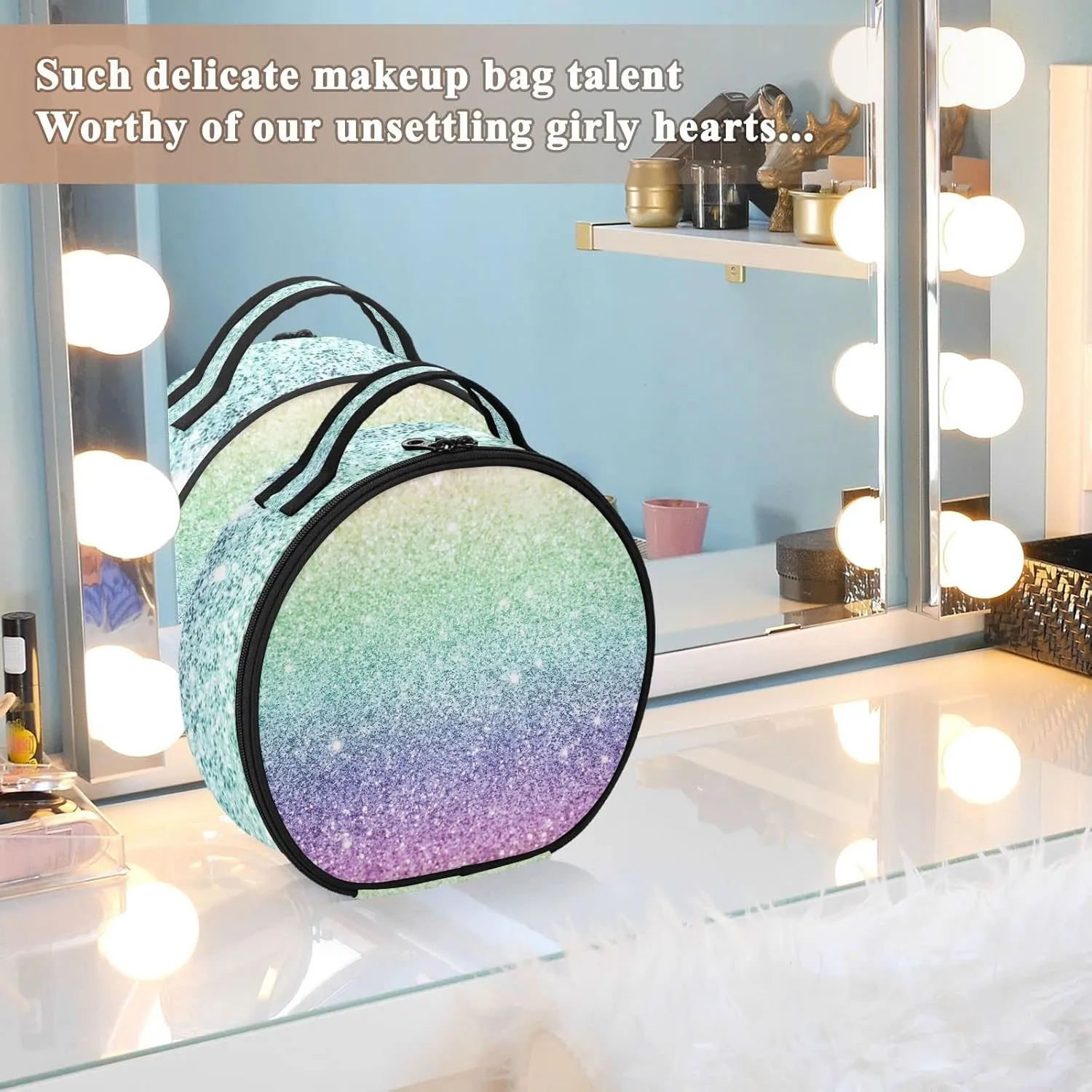 Rainbow Multi-colored Glitter and Glare Pattern Women's Portable Round Makeup Bag with Handle, Cosmetic Bag, Adjustable Dividers, Travel Cosmetic Storage 11 x 3.5 x 10 inch