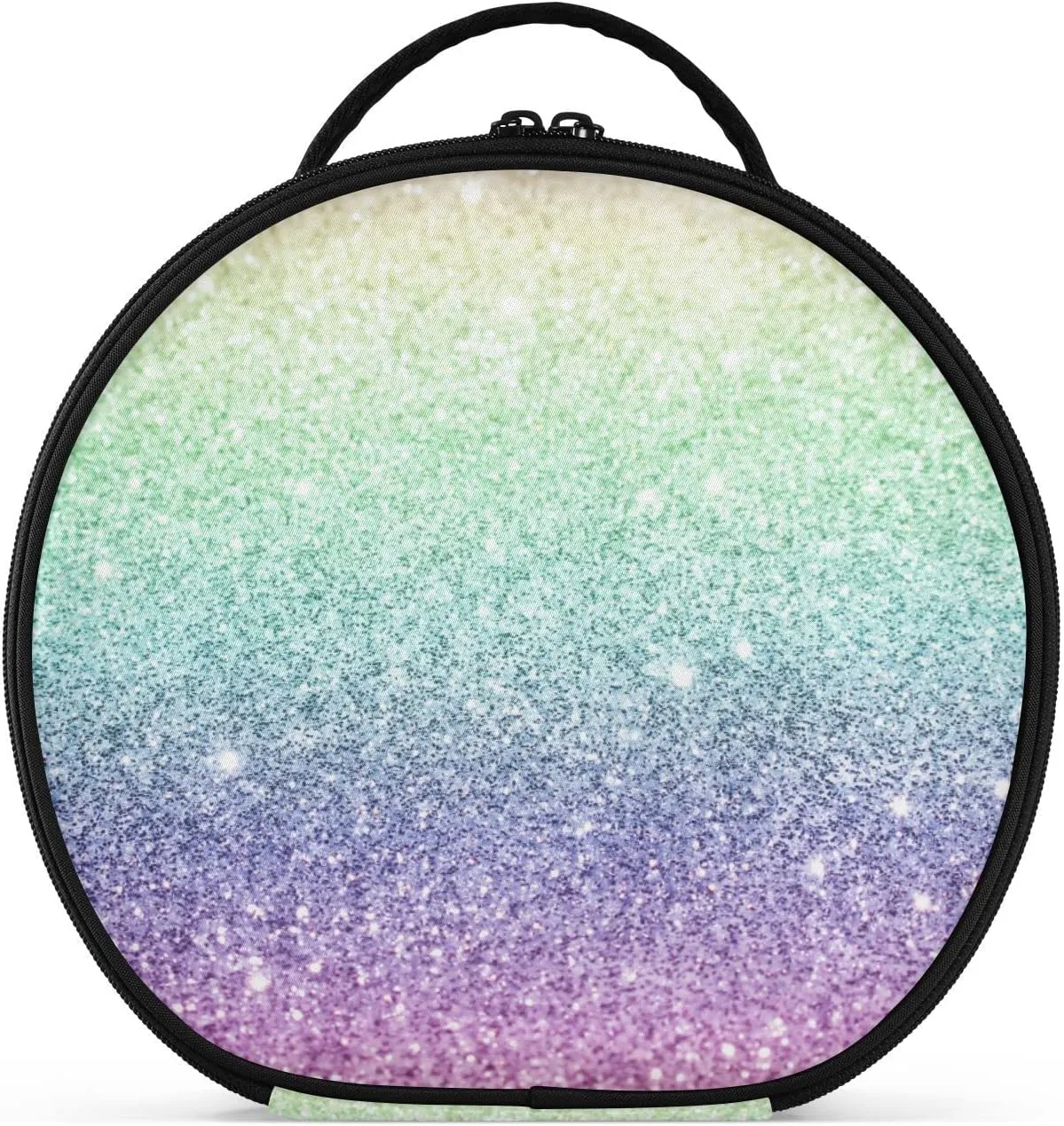 Rainbow Multi-colored Glitter and Glare Pattern Women's Portable Round Makeup Bag with Handle, Cosmetic Bag, Adjustable Dividers, Travel Cosmetic Storage 11 x 3.5 x 10 inch