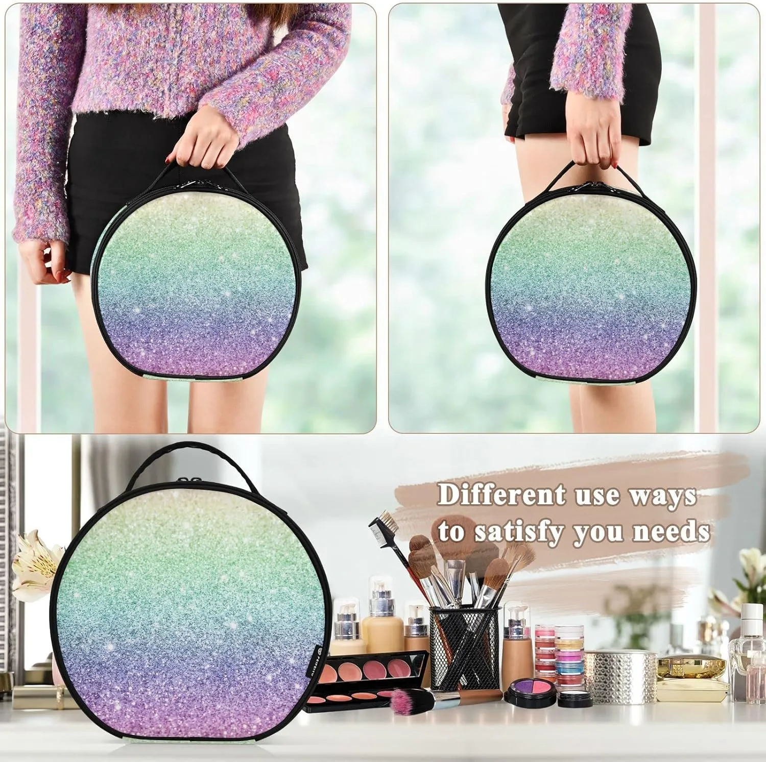 Rainbow Multi-colored Glitter and Glare Pattern Women's Portable Round Makeup Bag with Handle, Cosmetic Bag, Adjustable Dividers, Travel Cosmetic Storage 11 x 3.5 x 10 inch