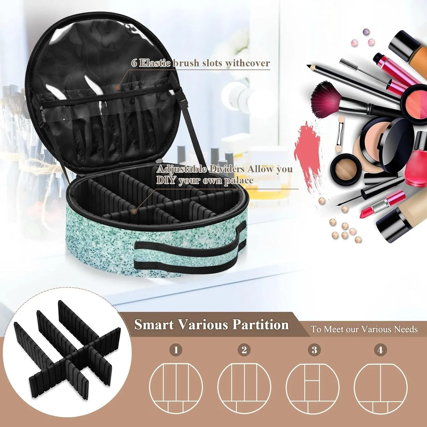 Rainbow Multi-colored Glitter and Glare Pattern Women's Portable Round Makeup Bag with Handle, Cosmetic Bag, Adjustable Dividers, Travel Cosmetic Storage 11 x 3.5 x 10 inch