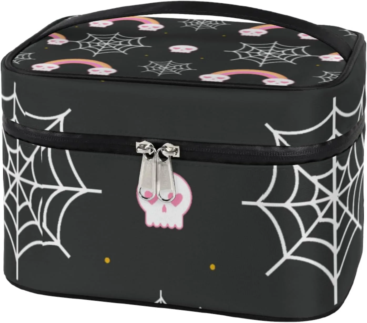 Rainbow Net Skull Makeup Bag Large Opening Cosmetic Bag Portable Makeup Case Organizer Toiletry Bags for Women Daily Traveling With Handle Grids Smooth Zipper Divider Makeup Pouch