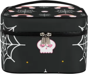 Rainbow Net Skull Makeup Bag Large Opening Cosmetic Bag Portable Makeup Case Organizer Toiletry Bags for Women Daily Traveling With Handle Grids Smooth Zipper Divider Makeup Pouch