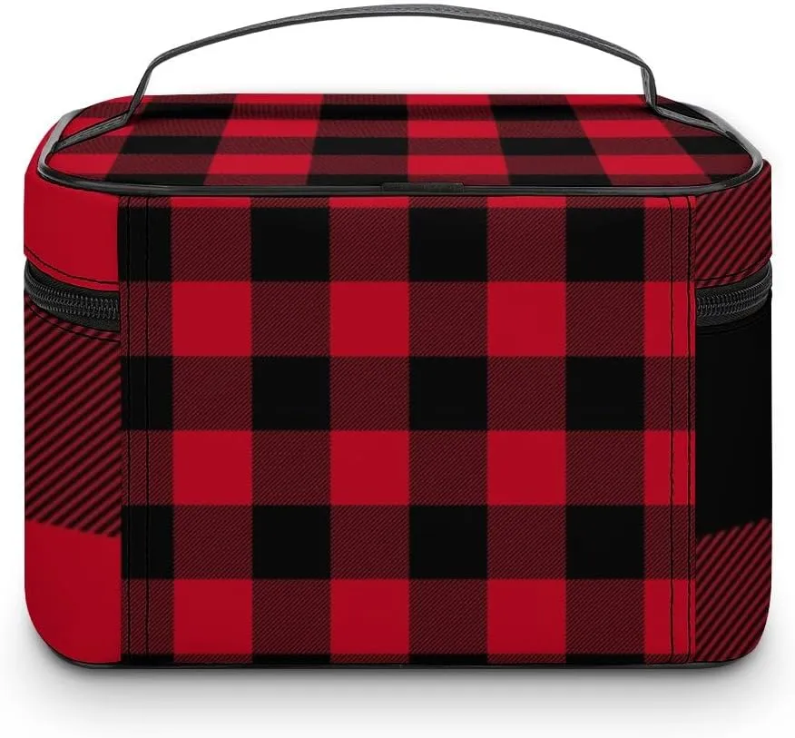RASHU Buffalo Plaid Makeup Cosmetic Box Zipper Storage Bag Portable Toiletry Bag with Divider Tools Accessories Case Travelling Essentials Travel Organizer for Women