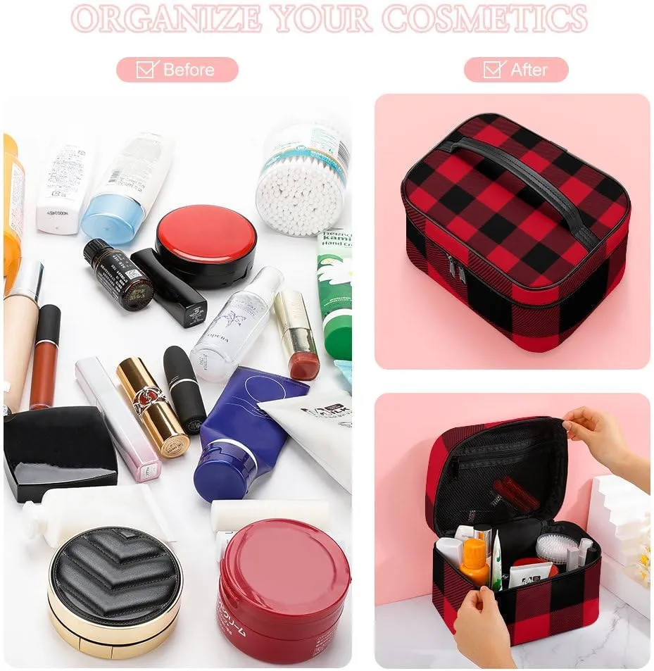RASHU Buffalo Plaid Makeup Cosmetic Box Zipper Storage Bag Portable Toiletry Bag with Divider Tools Accessories Case Travelling Essentials Travel Organizer for Women