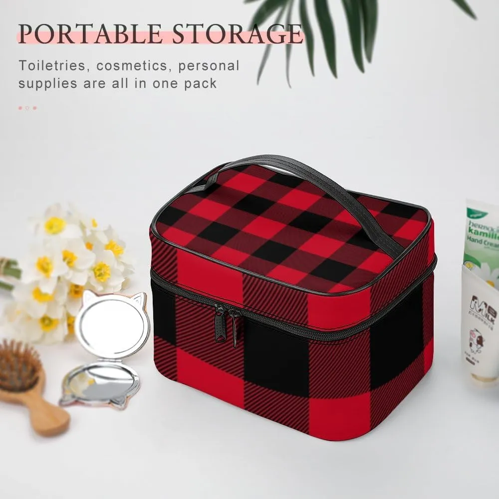 RASHU Buffalo Plaid Makeup Cosmetic Box Zipper Storage Bag Portable Toiletry Bag with Divider Tools Accessories Case Travelling Essentials Travel Organizer for Women