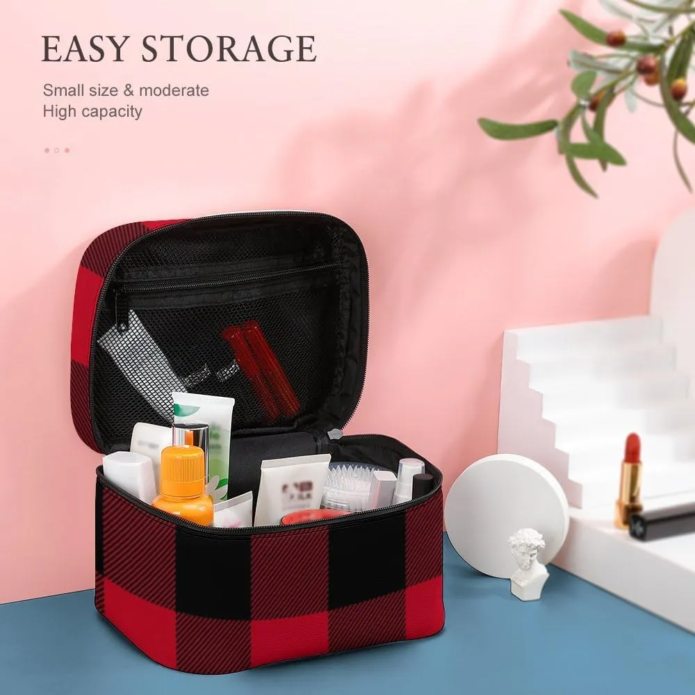 RASHU Buffalo Plaid Makeup Cosmetic Box Zipper Storage Bag Portable Toiletry Bag with Divider Tools Accessories Case Travelling Essentials Travel Organizer for Women