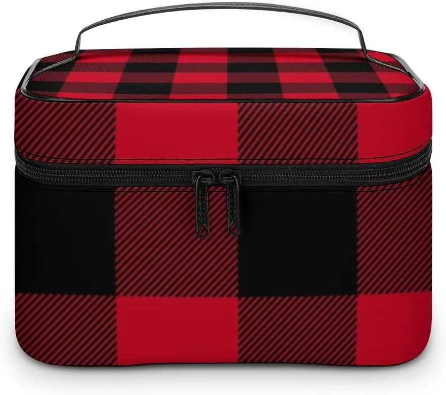 RASHU Buffalo Plaid Makeup Cosmetic Box Zipper Storage Bag Portable Toiletry Bag with Divider Tools Accessories Case Travelling Essentials Travel Organizer for Women
