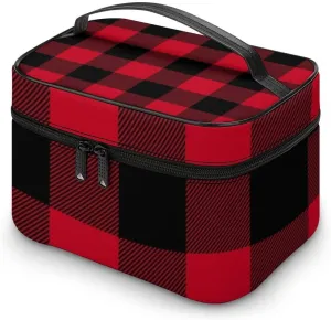 RASHU Buffalo Plaid Makeup Cosmetic Box Zipper Storage Bag Portable Toiletry Bag with Divider Tools Accessories Case Travelling Essentials Travel Organizer for Women