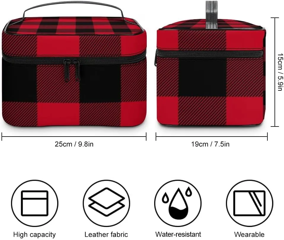 RASHU Buffalo Plaid Makeup Cosmetic Box Zipper Storage Bag Portable Toiletry Bag with Divider Tools Accessories Case Travelling Essentials Travel Organizer for Women