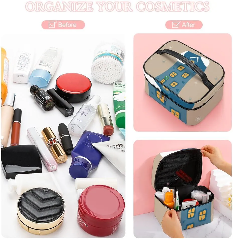 RASHU Cute Gingerbread Blue House Makeup Cosmetic Box Zipper Storage Bag Portable Toiletry Bag with Divider Tools Accessories Case Travelling Essentials Travel Organizer for Women