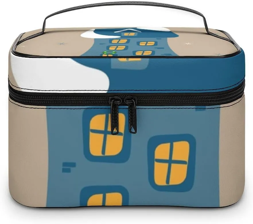 RASHU Cute Gingerbread Blue House Makeup Cosmetic Box Zipper Storage Bag Portable Toiletry Bag with Divider Tools Accessories Case Travelling Essentials Travel Organizer for Women