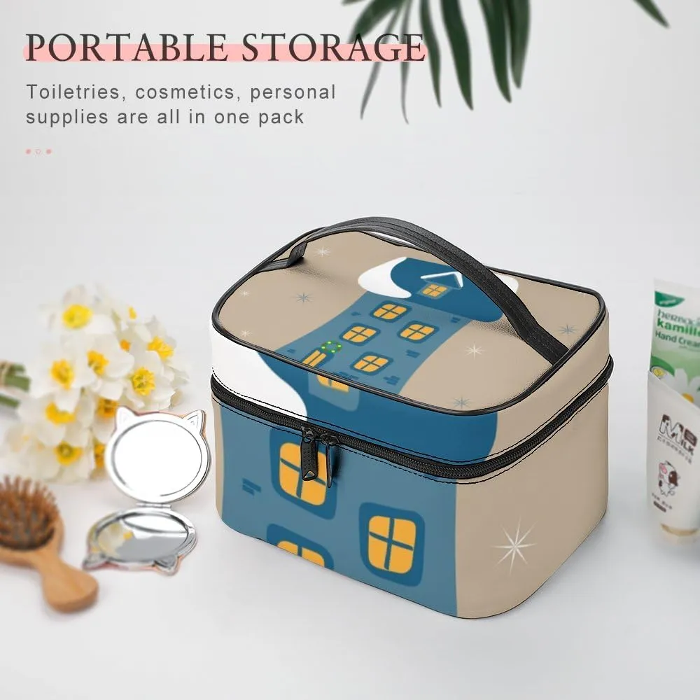 RASHU Cute Gingerbread Blue House Makeup Cosmetic Box Zipper Storage Bag Portable Toiletry Bag with Divider Tools Accessories Case Travelling Essentials Travel Organizer for Women