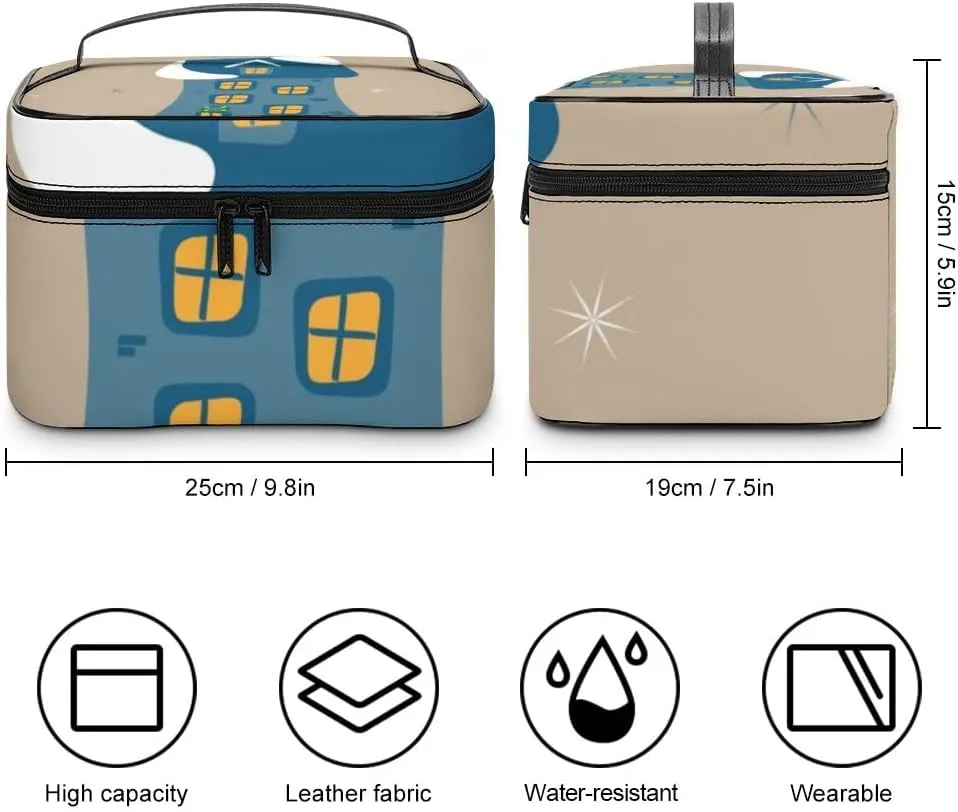 RASHU Cute Gingerbread Blue House Makeup Cosmetic Box Zipper Storage Bag Portable Toiletry Bag with Divider Tools Accessories Case Travelling Essentials Travel Organizer for Women