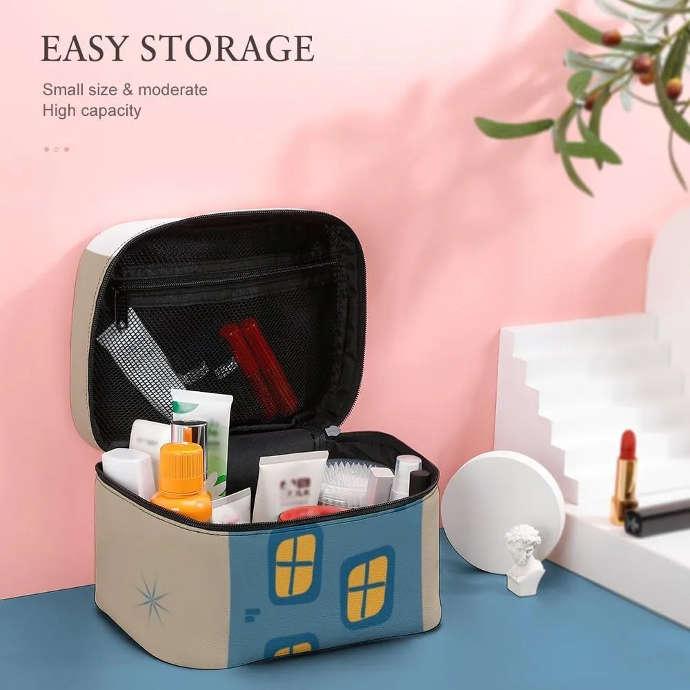 RASHU Cute Gingerbread Blue House Makeup Cosmetic Box Zipper Storage Bag Portable Toiletry Bag with Divider Tools Accessories Case Travelling Essentials Travel Organizer for Women