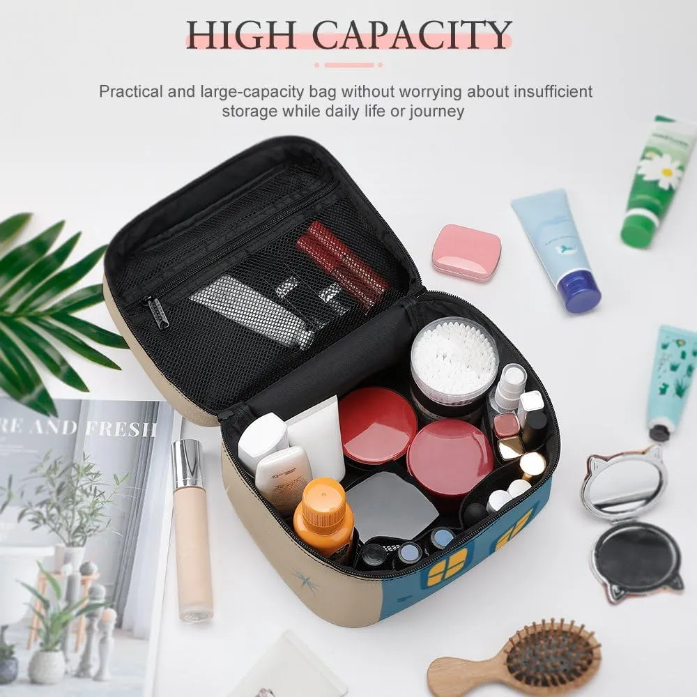 RASHU Cute Gingerbread Blue House Makeup Cosmetic Box Zipper Storage Bag Portable Toiletry Bag with Divider Tools Accessories Case Travelling Essentials Travel Organizer for Women