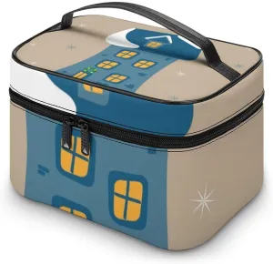 RASHU Cute Gingerbread Blue House Makeup Cosmetic Box Zipper Storage Bag Portable Toiletry Bag with Divider Tools Accessories Case Travelling Essentials Travel Organizer for Women
