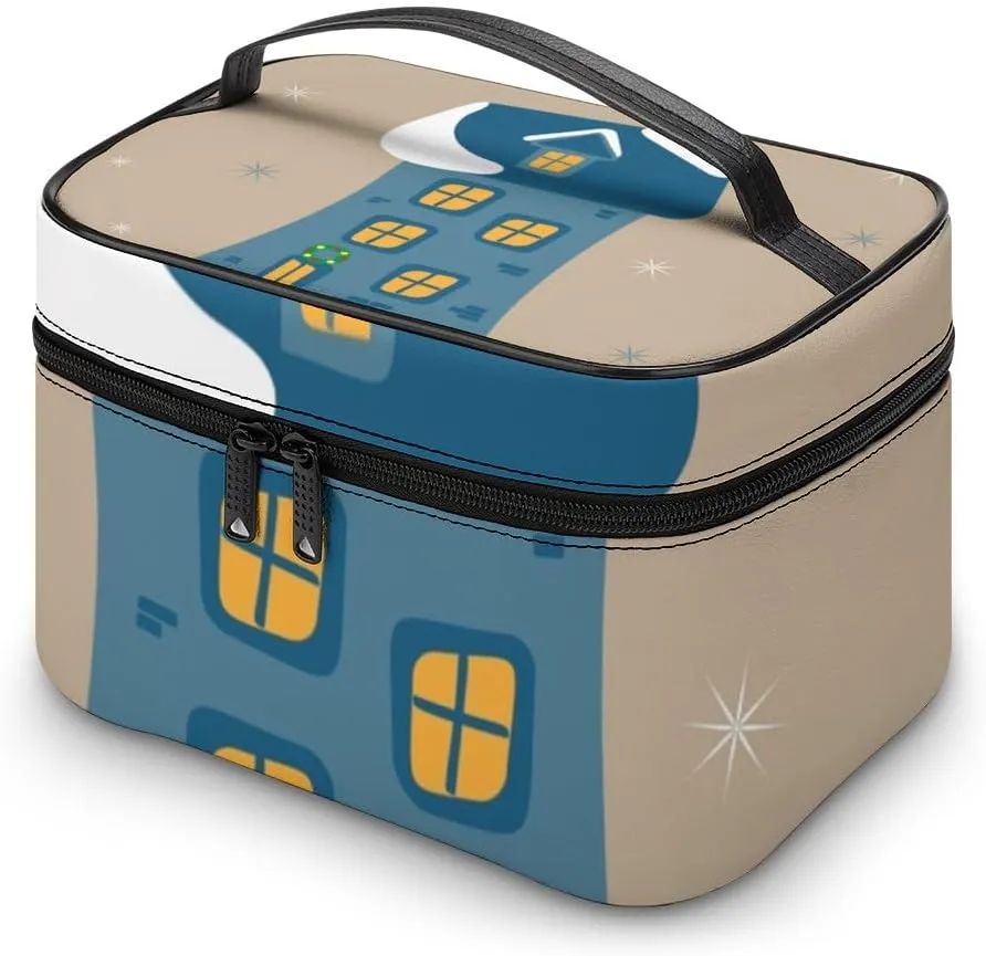RASHU Cute Gingerbread Blue House Makeup Cosmetic Box Zipper Storage Bag Portable Toiletry Bag with Divider Tools Accessories Case Travelling Essentials Travel Organizer for Women