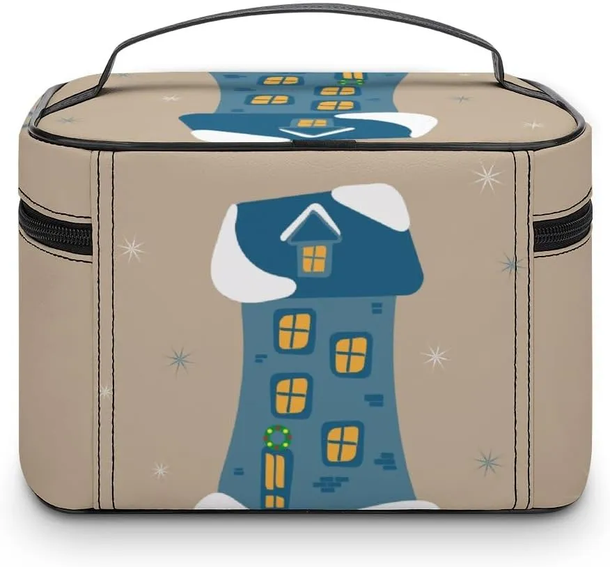 RASHU Cute Gingerbread Blue House Makeup Cosmetic Box Zipper Storage Bag Portable Toiletry Bag with Divider Tools Accessories Case Travelling Essentials Travel Organizer for Women