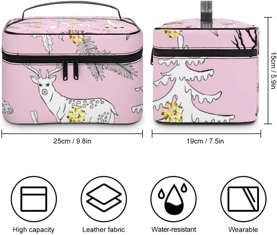 RASHU Forest Deer Christmas Tree Makeup Cosmetic Box Zipper Storage Bag Portable Toiletry Bag with Divider Tools Accessories Case Travelling Essentials Travel Organizer for Women