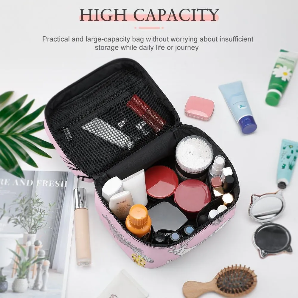 RASHU Forest Deer Christmas Tree Makeup Cosmetic Box Zipper Storage Bag Portable Toiletry Bag with Divider Tools Accessories Case Travelling Essentials Travel Organizer for Women