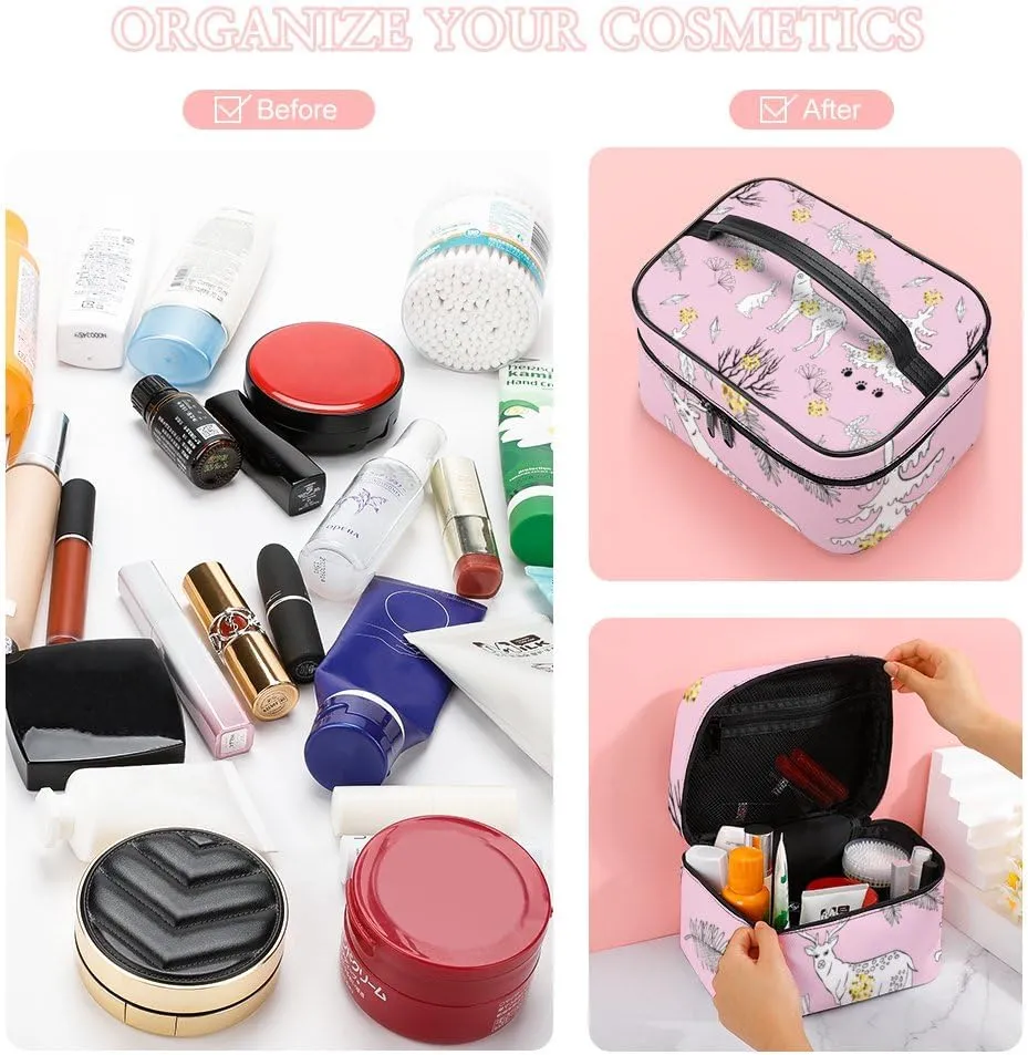 RASHU Forest Deer Christmas Tree Makeup Cosmetic Box Zipper Storage Bag Portable Toiletry Bag with Divider Tools Accessories Case Travelling Essentials Travel Organizer for Women